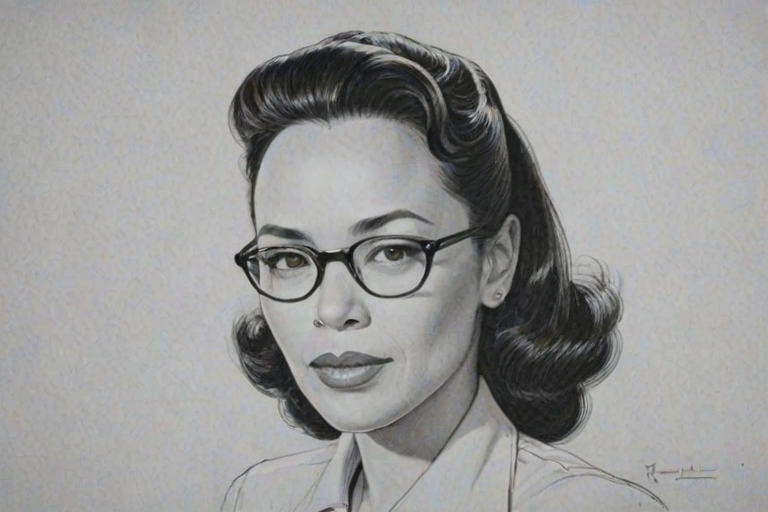 Comely Irene Bedard, pencil sketch, portrait of Bewitching woman 1940s in glasses, hair style beatnik, outline, clear lines, fine lines, 8k