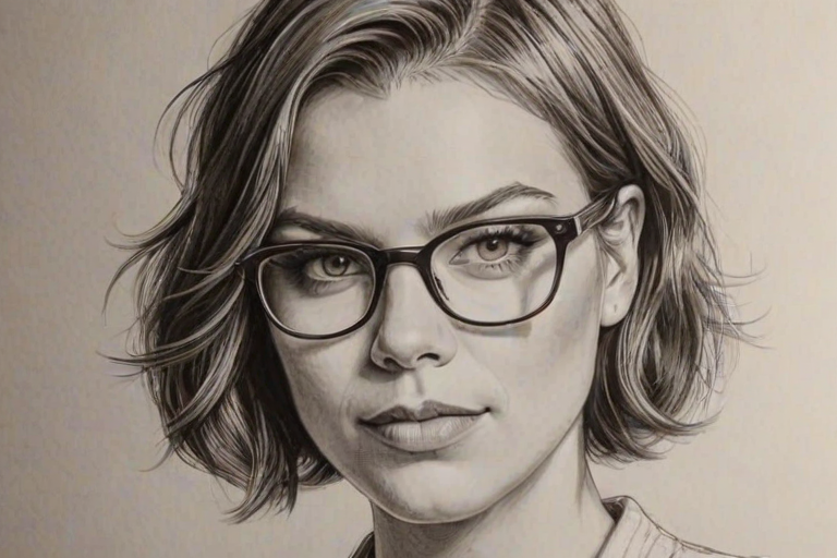 Superb Lauren Cohan, pencil sketch, portrait of Stunning woman 1929s in glasses, hair style beatnik, outline, clear lines, fine lines, 8k