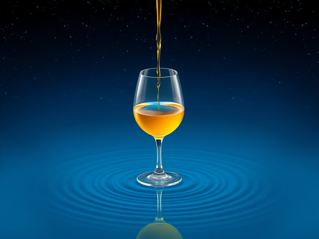 create a minimalist digital artwork of a wine glass pouring yellow liquid into a tranquil blue water surface with concentric ripples, set against a starry night sky, use a Canon EOS R5 camera with a 50mm f/1.8 lens, aperture set to f/2.8, ISO 100, 1/125sec exposure, shoot from a top-down perspective with a vibrant color palette and soft focus on the background to enhance depth
