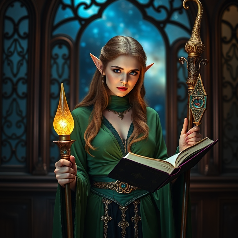 Create a high-resolution image of an elf woman in a mystical setting, wearing elegant green attire, holding a glowing staff and a book, with a cosmic background visible through an ornate window, using a DSLR camera with a 50mm lens, f/1.8 aperture, ISO 100, soft focus with dramatic lighting.