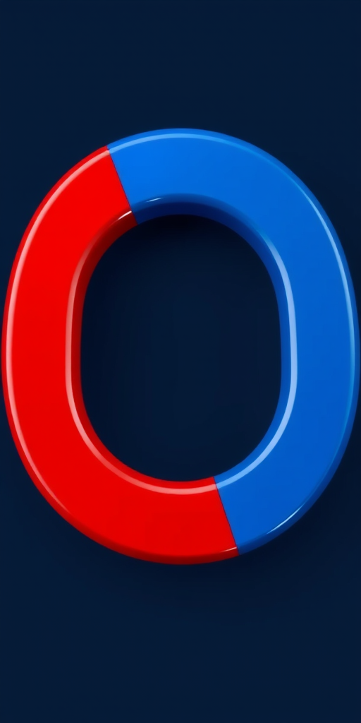 Create a high-resolution digital illustration of a horseshoe magnet divided vertically into blue and red halves, with a glossy finish, using a DSLR camera at f/8 aperture, ISO 100, 50mm lens, top-down view, and soft, even lighting to enhance colors and details.