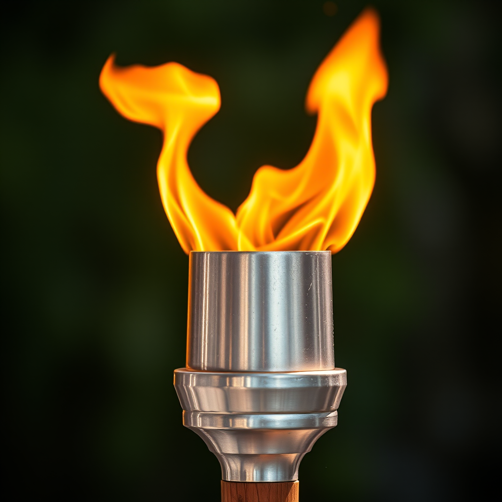 Create an image of a flaming torch with vibrant orange and yellow flames on top of a metallic silver base and wooden handle, shot with a DSLR camera at f/2.8 aperture, ISO 100, shutter speed 1/200 sec, in a close-up view with natural lighting to enhance detail and contrast.