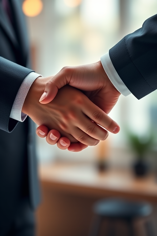 Create a high-resolution digital illustration of two hands shaking, emphasizing the details of the hands and the connection, shot with a DSLR camera at f/2.8, 1/250 sec, ISO 100, in a close-up view with a soft focus background for depth.