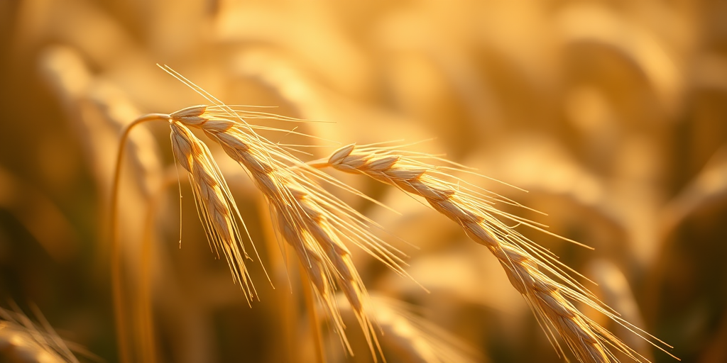 close-up of golden wheat ears swaying gently in the sunlight, captured with a Canon EOS 5D Mark IV, 50mm f/1.8 lens, ISO 100, f/2.8, 1/200s, natural light, shallow depth of field, soft bokeh background
