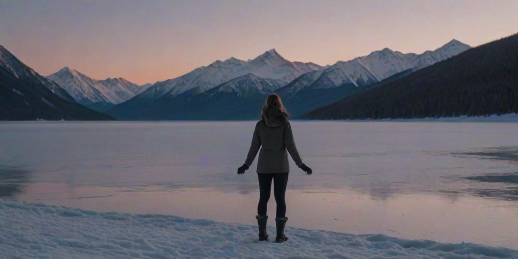 Woman standing on the shore of a frozen lake, her breath visible in the cold air, with snow-covered mountains in the background, and the soft glow of twilight on the horizon.