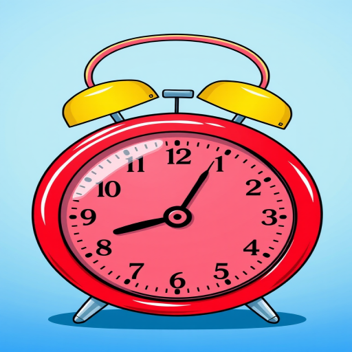 Create an illustration of a vintage red alarm clock with two yellow bells on top, set against a smooth gradient blue background, using a digital drawing style, incorporate details like shadows and reflections for depth, and use a Canon EOS R5 with a 24-70mm lens at f/8, ISO 100, 1/125s for sharpness and clarity.