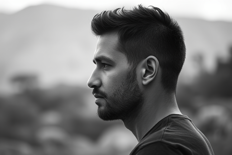 regenerate a black and white portrait of a man in profile against a blurred natural background, using a DSLR camera with an aperture of f/1.8, shutter speed of 1/200 sec, ISO 100, shot in 50mm lens at eye level, with soft focus and high dynamic range for enhanced details.