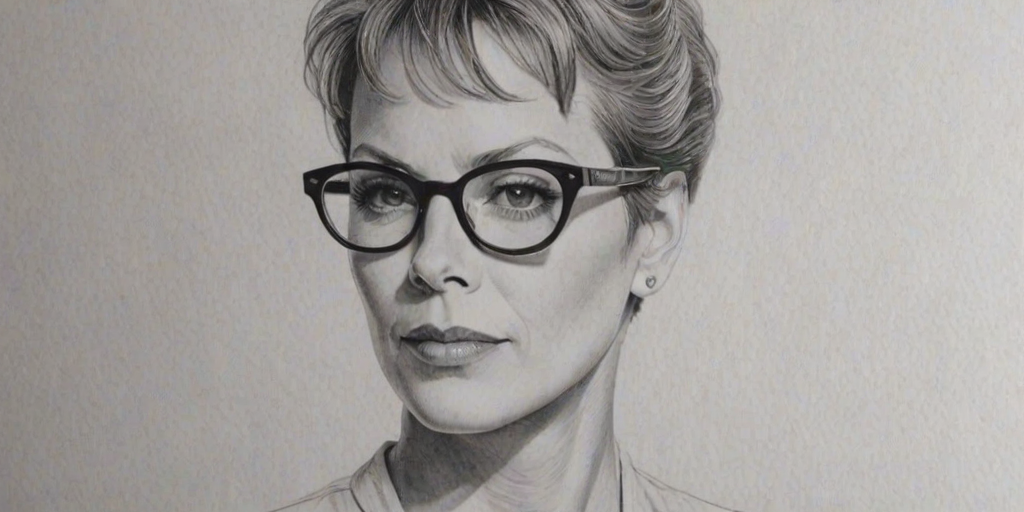 Gorgeous Jaime Lee Curtis, pencil sketch, portrait of Elegant woman 1941s in glasses, hair style beatnik, outline, clear lines, fine lines, 8k