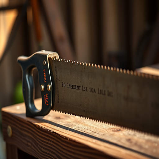 Create a high-resolution image of a vintage handsaw, 50mm lens, f/2.8 aperture, natural lighting, captured from a side view with a DSLR camera for enhanced detail and focus.
