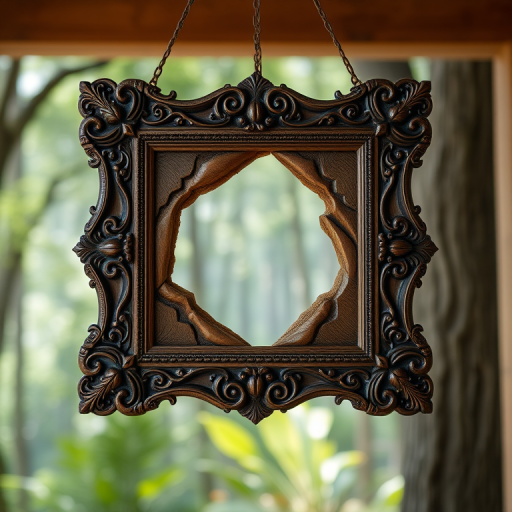 Create a hyper-realistic image of an ornate wooden picture frame with intricate carvings depicting a broken portal revealing a mystical forest scene, shot with a Canon EOS R5, f/2.8 aperture, ISO 100, 50mm lens, soft natural lighting, shallow depth of field.