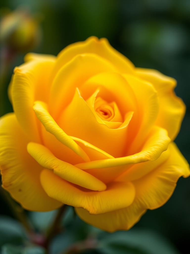 Generate a high-resolution image of a yellow rose close-up with soft lighting, shallow depth of field, aperture set to f/2.8, ISO 100, viewed from a slightly elevated angle, using a DSLR camera with a macro lens.