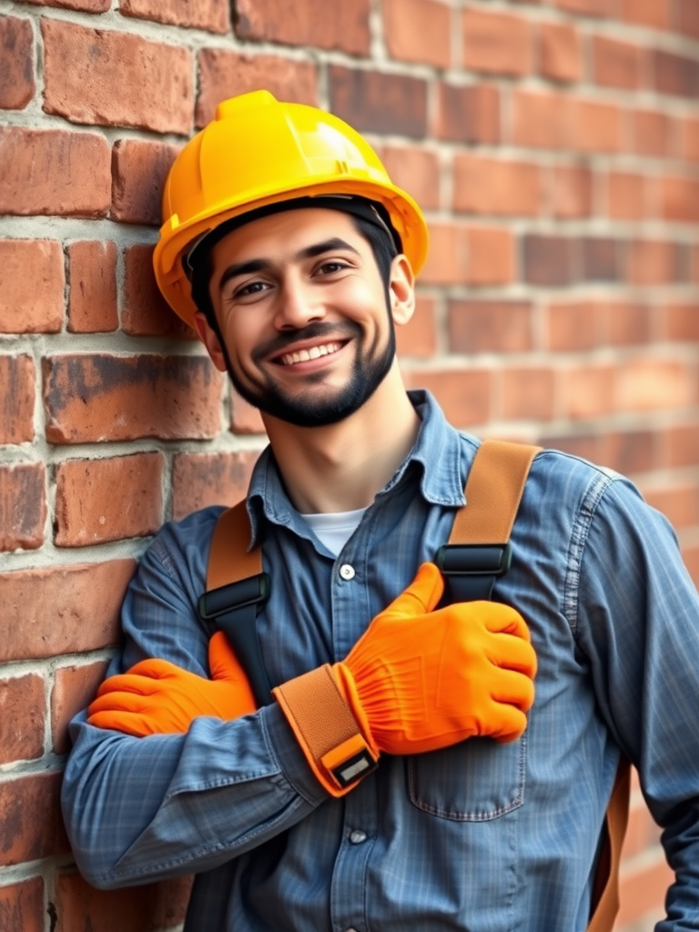 create an image of a smiling construction worker wearing a yellow hard hat and orange gloves, leaning confidently against a wall made of brown bricks, captured with a DSLR camera at f/4, ISO 200, and a 50mm lens, in natural daylight to enhance image quality and clarity