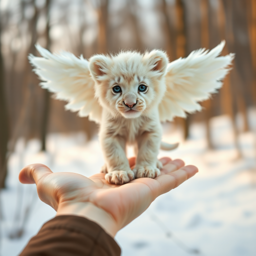 A small, white lion cub with angelic wings standing on a human hand. The cub has a soft, fluffy texture with detailed fur, expressive blue eyes, and a curious expression. The wings are large and feathery, blending seamlessly with its fur, giving an ethereal appearance. The background is a winter forest, with the ground covered in snow and blurred brown trees, creating a serene atmosphere. The human hand in the foreground is positioned palm-up, supporting the lion cub gently, fingers slightly curled. The lighting is soft and diffused, enhancing the tender and magical feel of the scene. Colors are predominantly neutral with white, cream, and soft browns, contrasting with the subtle blue of the lion cub's eyes. The overall composition is balanced, with the cub at the center, creating a focal point that draws the viewer's attention immediately.