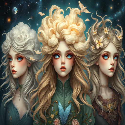 Create a series of imaginative portraits where each subject is infused with elements of fantasy and nature. The hair of the individuals should flow like clouds, varying from soft, fluffy cumulus to wispy cirrus strands, with hints of color reflecting a sunset or a clear blue sky. The eyes should be windows to entire galaxies, with stars, nebulae, and distant planets visible within them. Clothing should be adorned with nature motifs, such as floral patterns that bloom and change, vines that seem to grow and wrap around, or feathers that shimmer with iridescence. Each portrait should capture a unique personality, blending human features with the ethereal beauty of the natural and cosmic world. The backgrounds can vary, from starry night skies to enchanted forests, adding depth and context to the magical realism of the portraits