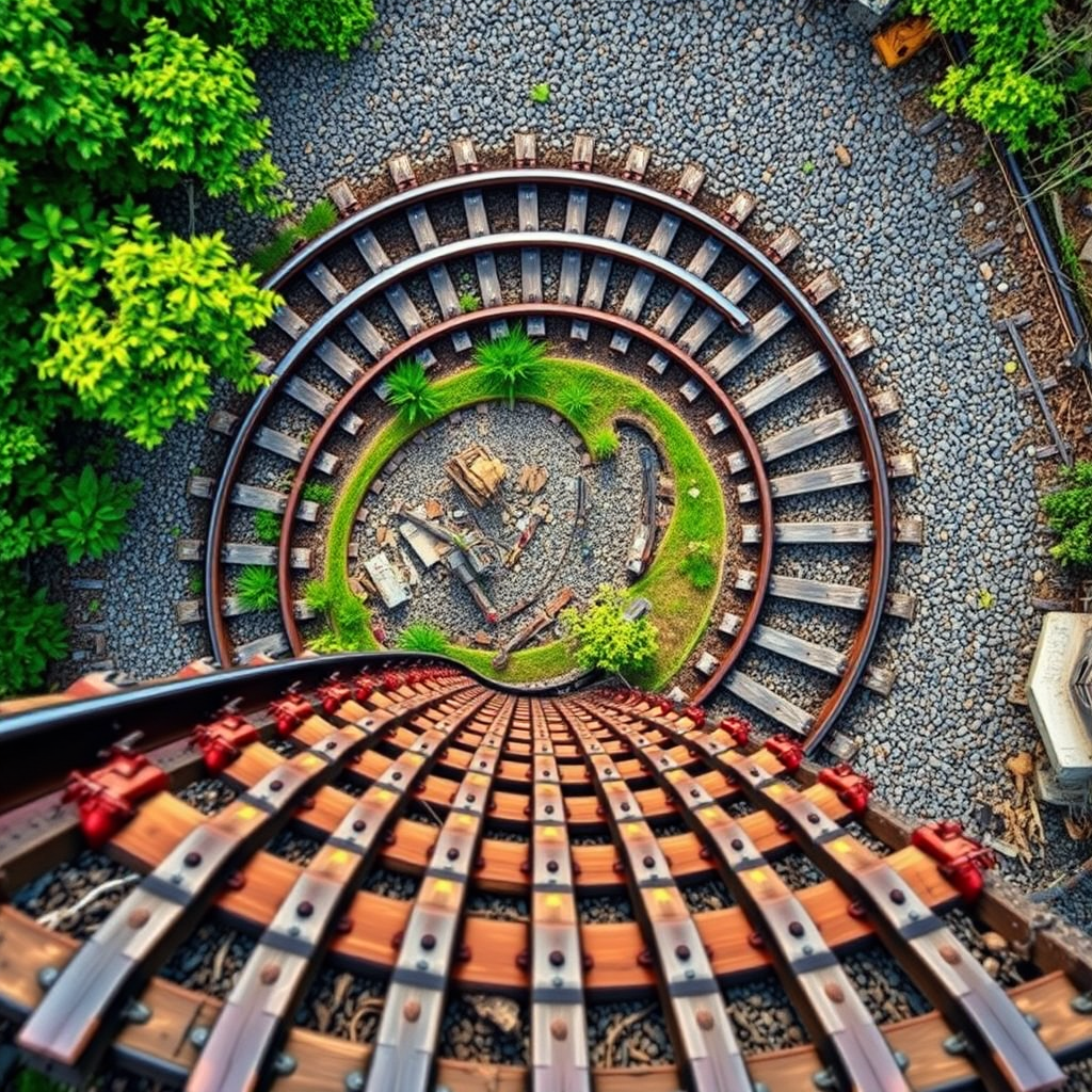 Create a high-resolution image of a curved railway track viewed from above, using a DSLR camera with a 50mm lens, aperture set to f/8, ISO 100, and a shutter speed of 1/250 sec for sharp detail and vibrant colors.