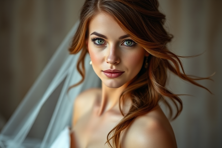 Create a high-resolution portrait of a bride in a strapless wedding dress with flowing brown hair and striking green eyes, shot with a DSLR camera at f/2.8 aperture, 50mm lens, in portrait orientation, using soft natural lighting for an elegant and dreamy effect.