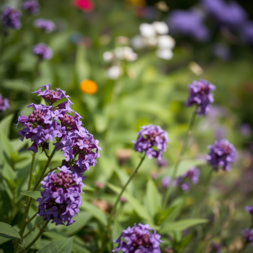 A lush garden scene featuring clusters of vibrant purple flowers in sharp focus with a soft blurred background, captured with a DSLR camera at f/2.8 aperture, 50mm lens, ISO 100, natural lighting, shallow depth of field, and a slight low-angle view to enhance the floral details and surrounding greenery.