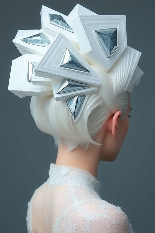Icy white hair sculpted into an avant-garde, architectural updo with geometric shapes and metallic silver accents, embodying the futuristic "Frost Fusion" style