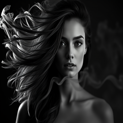 Create a high-contrast black and white portrait of a woman with flowing hair and dramatic smoke swirling around her face, captured with a Canon EOS R5, 85mm lens, f/1.4 aperture, ISO 100, 1/200 sec shutter speed, in a softbox studio setting with a shallow depth of field.