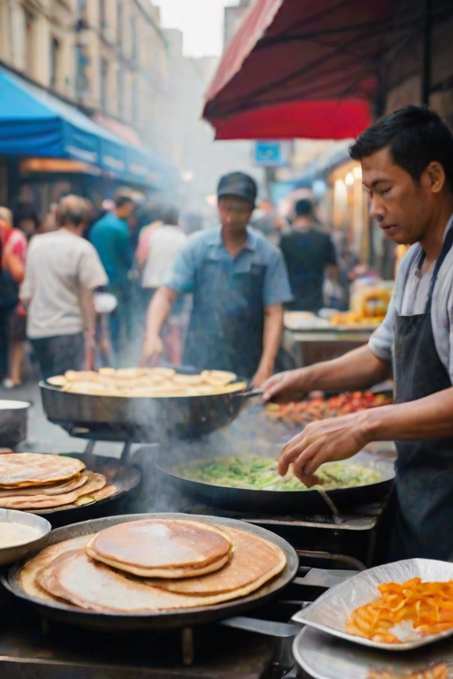 Blurry candid shot of a street vendor flipping pancakes at a bustling market, soft steam rising from the griddle, with colorful produce and distant shoppers blurred in the background.