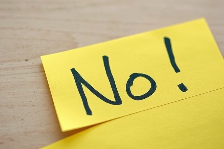 Create a high-resolution image of a yellow sticky note with the word "No!" written in bold, hand-drawn style in black ink, captured in a close-up view using a DSLR camera with a 50mm lens, aperture set to f/2.8, ISO 100, and natural lighting for enhanced clarity and detail.