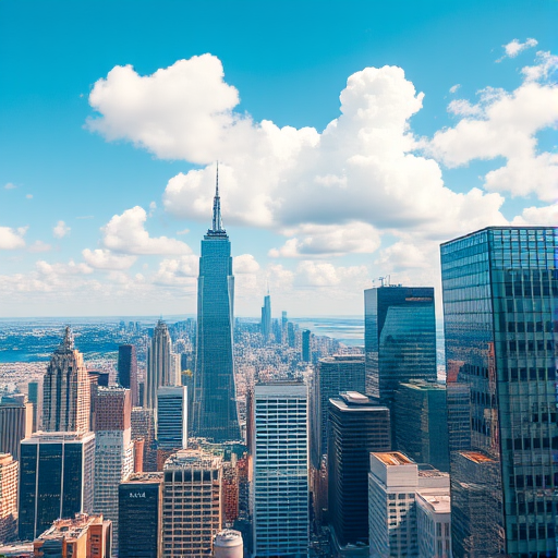 Create a vibrant cityscape image featuring modern skyscrapers and a clear blue sky with fluffy white clouds, taken from a high vantage point using a Canon EOS R5 camera with a 24-70mm f/2.8 lens, aperture set to f/8, ISO 100, shutter speed 1/200s, in daylight, with a wide-angle view to capture the full urban landscape.