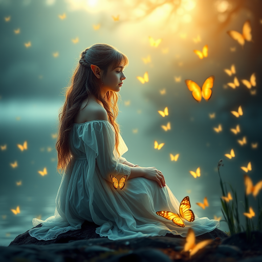 Create an ethereal scene depicting a serene elven girl seated by a tranquil lake surrounded by glowing butterflies, with soft, diffused lighting, use a 50mm lens at f/1.8 for shallow depth of field, with a Canon EOS R camera, capturing a dreamy atmosphere in a fantasy style.