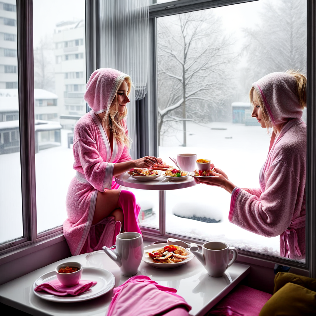 Breakfast In Robe front view of blonde female in pink robe and white silk undergarments ...