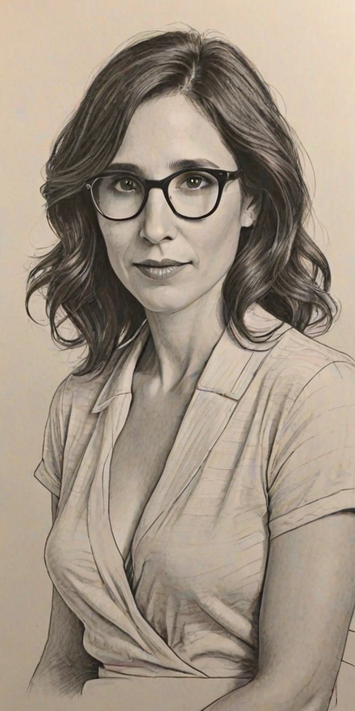 Alluring Michaela Watkins, pencil sketch, portrait of Gorgeous woman 1924s in glasses, hair style beatnik, outline, clear lines, fine lines, 8k