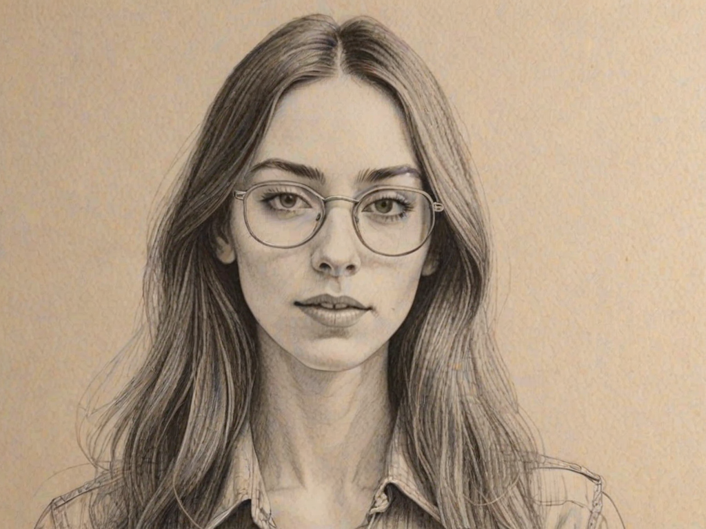 Ravishing Danielle Haim, pencil sketch, portrait of Pleasing woman 1974s in glasses, hair style beatnik, outline, clear lines, fine lines, 8k