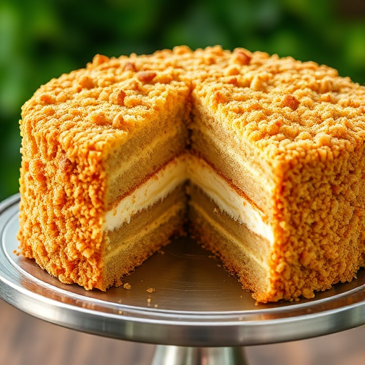 A delicious cake with a golden crumb topping and layers of creamy filling visible from a slice cut out, set on a silver cake stand with a blurred green background.