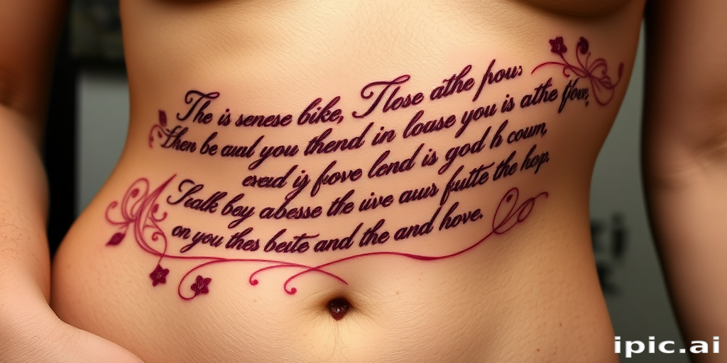 Elegant script body tattoo of meaningful quotes flowing along the ribcage, written in beautiful calligraphy with flourishes and embellishments in deep burgundy ink