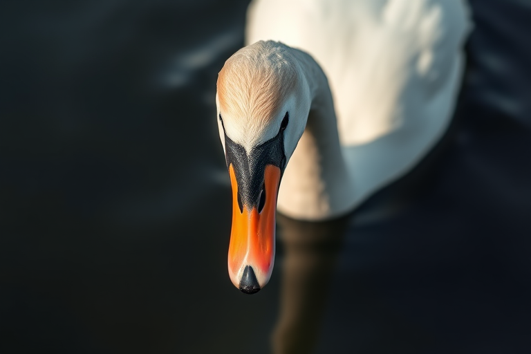 a serene close-up of a swan gracefully swimming in calm water, captured with a DSLR camera at f/2.8 aperture, 1/500 shutter speed, ISO 200, with a shallow depth of field for a soft background blur and vibrant color contrast, in natural lighting conditions.