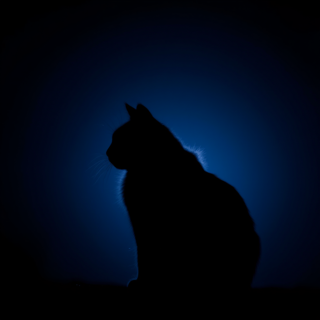 Create a silhouette image of a cat with glowing white lines against a dark blue background, using a Canon EOS R5 with a 50mm f/1.2 lens, aperture set to f/1.8, ISO 200, and a low angle shot to enhance the outline and details of the fur while capturing a dreamy atmosphere.