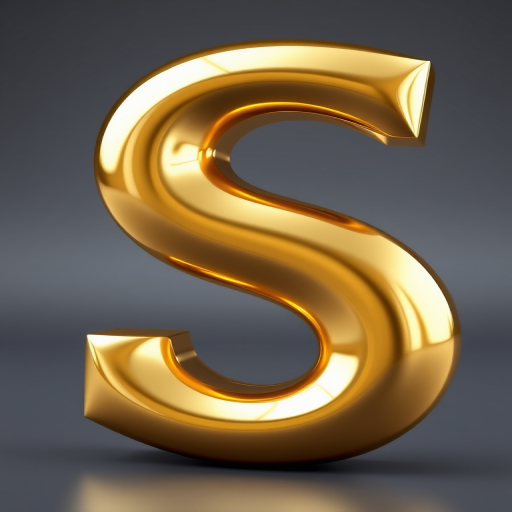 Create a highly detailed 3D rendering of a glossy gold letter S, with reflections showing a soft blurred background; camera settings: f/2.8, ISO 100, shutter speed 1/125s; camera view: centered close-up; camera style: realistic; camera type: DSLR.