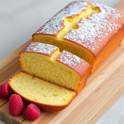 A freshly baked loaf of golden cake sliced into thick pieces with a smooth texture sprinkled with powdered sugar alongside fresh raspberries on a wooden cutting board.