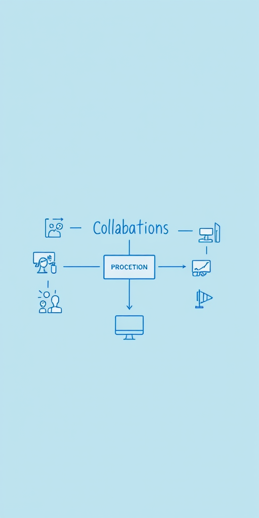 Generate an illustration of a creative process flowchart featuring icons for collaboration, communication, brainstorming, and technology, using a bright blue color scheme, with a clean line drawing style, captured with a Canon EOS R5, aperture f/8, 24mm lens, and a high-resolution setting for clarity and detail.