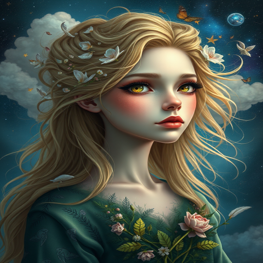 Create a series of imaginative portraits where each subject is infused with elements of fantasy and nature. The hair of the individuals should flow like clouds, varying from soft, fluffy cumulus to wispy cirrus strands, with hints of color reflecting a sunset or a clear blue sky. The eyes should be windows to entire galaxies, with stars, nebulae, and distant planets visible within them. Clothing should be adorned with nature motifs, such as floral patterns that bloom and change, vines that seem to grow and wrap around, or feathers that shimmer with iridescence. Each portrait should capture a unique personality, blending human features with the ethereal beauty of the natural and cosmic world. The backgrounds can vary, from starry night skies to enchanted forests, adding depth and context to the magical realism of the portraits