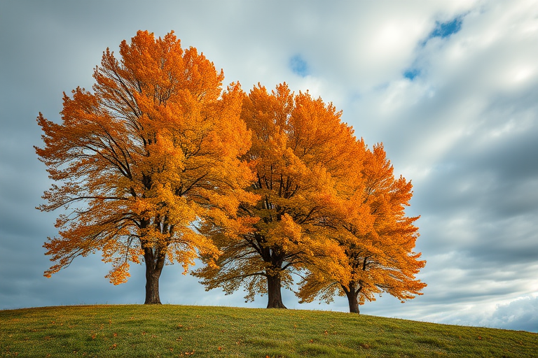 Create a vibrant landscape featuring three trees with autumn foliage against a dramatic sky, shot with a Canon EOS 5D Mark IV, 24mm lens, f/8 aperture, ISO 100, 1/200 sec shutter speed, in natural light for enhanced detail and color.