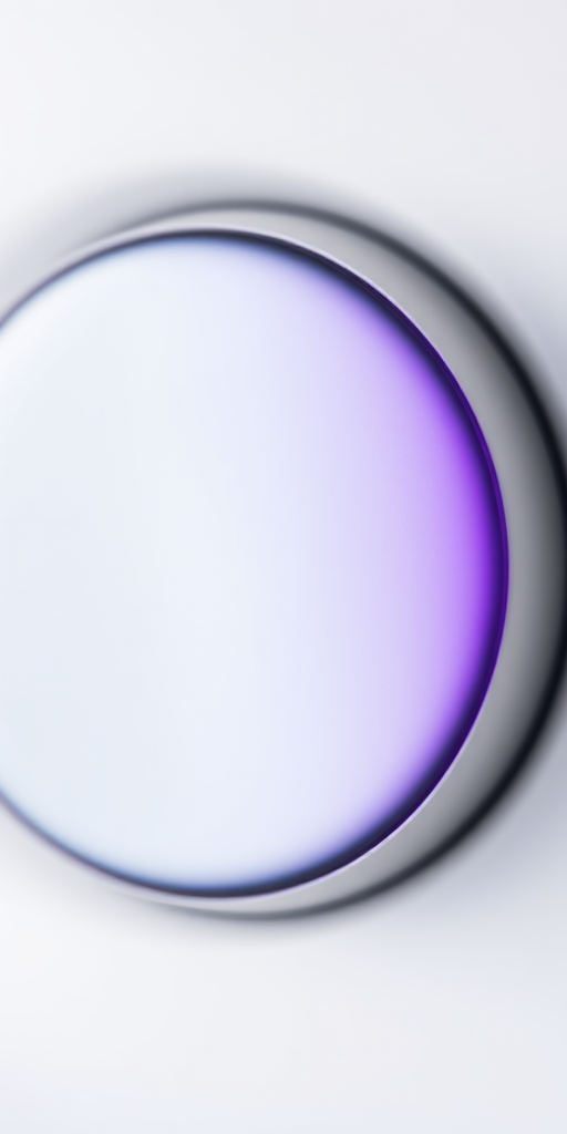 Create a high-resolution image of a glossy button with a gradient from light gray to deep purple, taken with a Canon EOS R5 at f/2.8, ISO 100, with a 50mm lens in a soft focus style against a white background.