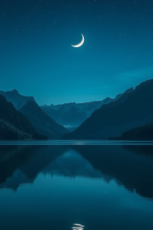 create a tranquil night scene of mountains and a lake with a crescent moon reflecting on the water, use a wide-angle lens at f/8 for depth of field, capture in soft dawn lighting for enhanced color vibrancy, utilize a digital SLR camera for high resolution and clarity.