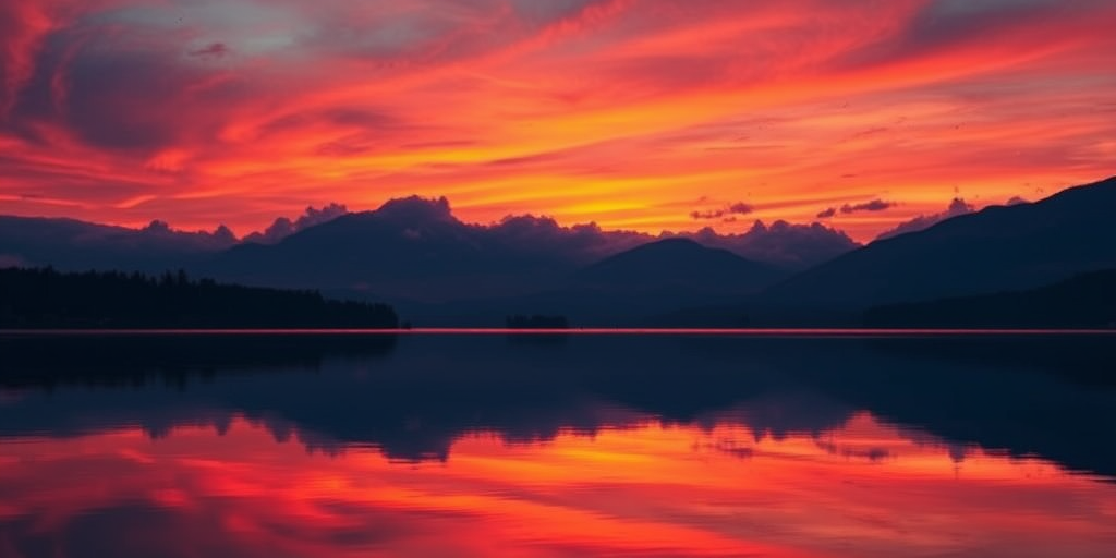 Generate a high-resolution image of a vibrant sunset over a quiet lake, taken with a DSLR camera at a focal length of 35mm, aperture f/8, ISO 100, shot from a low angle view using a wide-angle lens to capture the reflection of the colors in the water, emphasizing the rich hues in the sky and their mirrored effect on the surface.