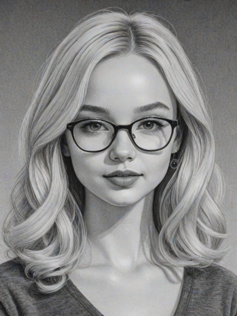 Appealing Dove Cameron, pencil sketch, portrait of Resplendent woman 1966s in glasses, hair style beatnik, outline, clear lines, fine lines, 8k