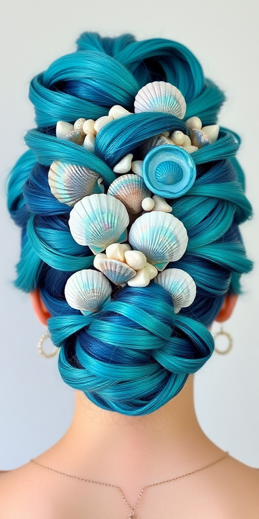 Mystical Mermaid Seashell Updo showcasing a captivating blend of teal turquoise and aquamarine hues styled into an intricate updo resembling a cluster of iridescent seashells