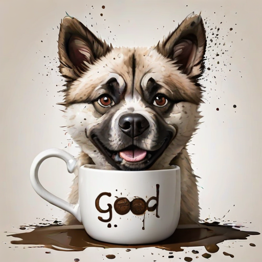 A quirky, artistic illustration of a disheveled akita pit dog breed with exaggerated, large eyes and spiky fur, holding a coffee mug that reads "Good Morning". The dog has a tired but humorous expression, with ink splatters and abstract details surrounding it, giving a whimsical feel to the image. The color palette is mostly monochrome with hints of brown in the eyes and steam rising from the mug, enhancing the overall sleepy vibe