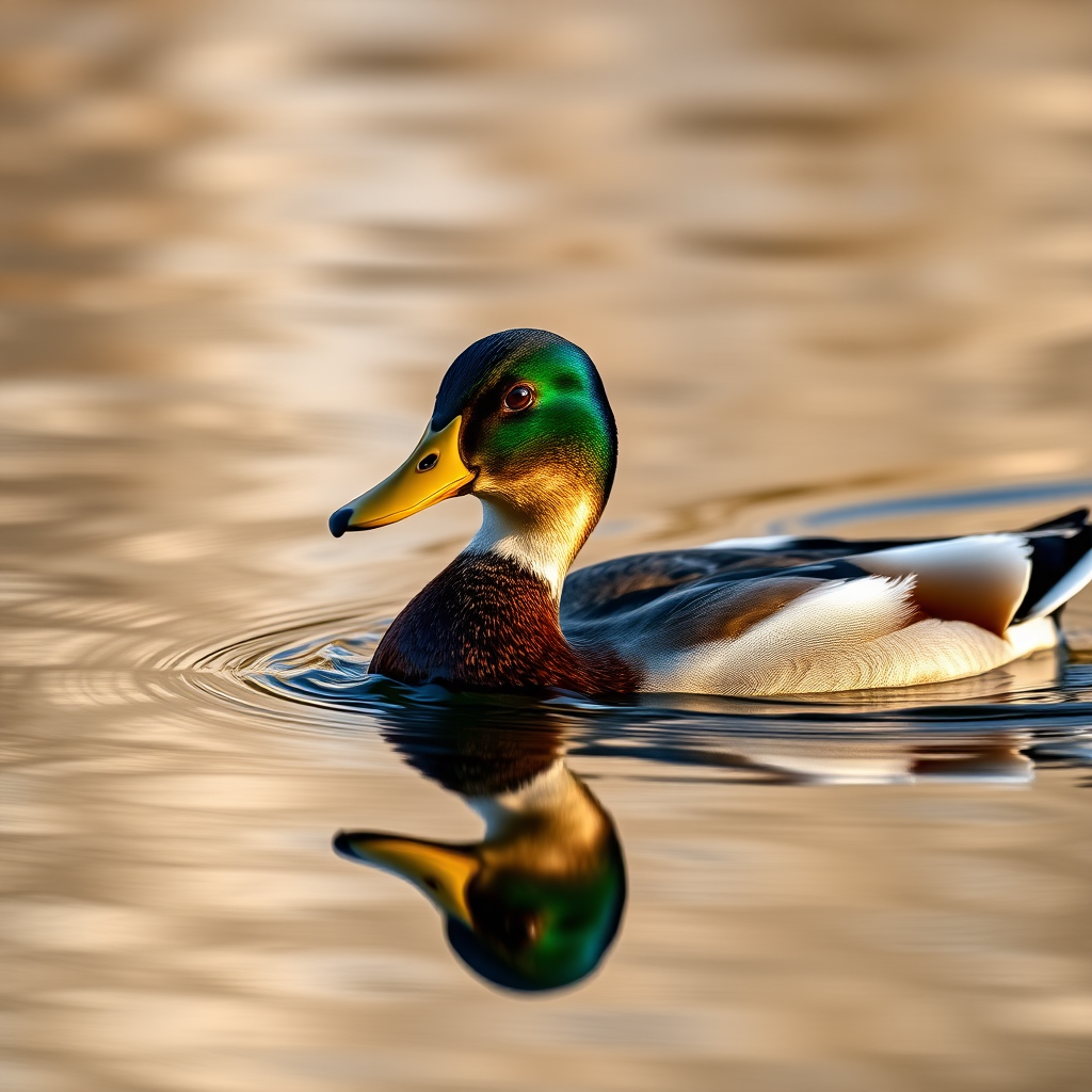 a close-up shot of a duck swimming in calm water with vibrant reflections, taken with a DSLR camera, 200mm lens, aperture f/4, ISO 200, shutter speed 1/500s, natural light during golden hour, shallow depth of field for a soft background