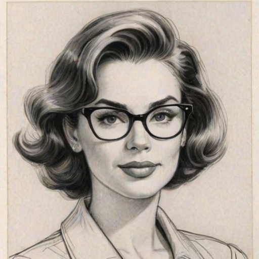 Charming Whitney Cummings, pencil sketch, portrait of Comely woman 1953s in glasses, hair style beatnik, outline, clear lines, fine lines, 8k