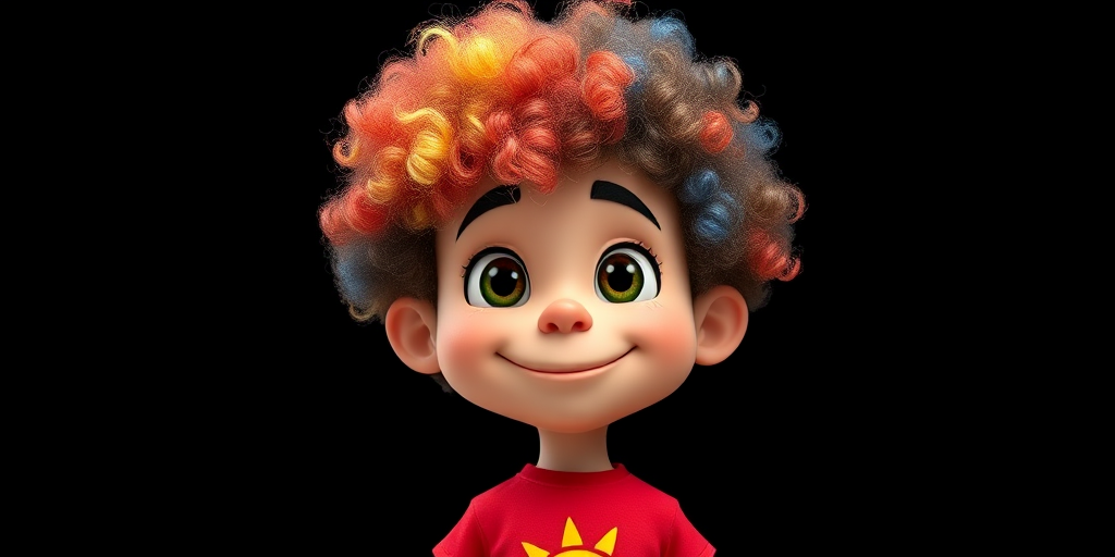 Create a colorful cartoon character with curly hair, wearing a red shirt featuring a smiling sun design, standing against a solid black background, captured with a Canon EOS 5D Mark IV, 50mm lens at f/1.8, ISO 100, with soft lighting to enhance the vibrant colors and facial expression.