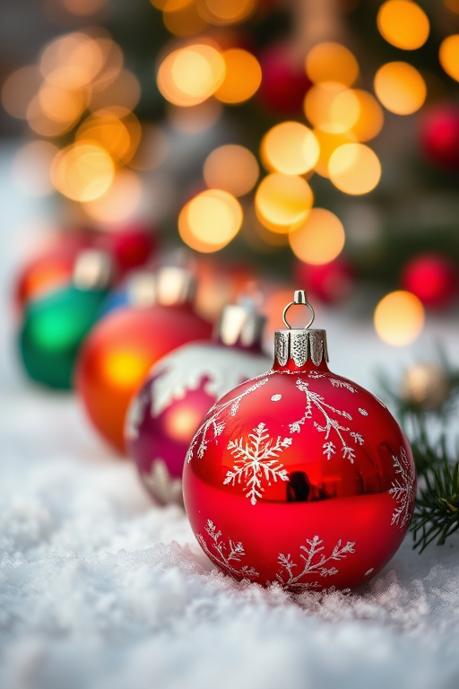 close-up shot of colorful Christmas ornaments on a snowy surface with bokeh lights in the background, aperture f/2.8, ISO 100, shutter speed 1/60s, taken with a DSLR camera using a 50mm lens in a soft-focus style