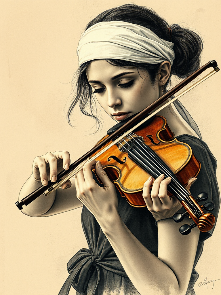 a young Mizrahi woman with a white headband playing a violin, in the style of a charcoal drawing, sepia grunge background